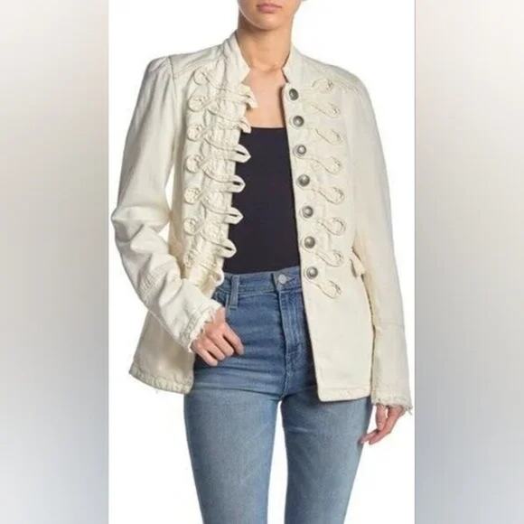 Free People Seamed and Structured Denim Military Jacket Ivory Braided Trim Small - Picture 1 of 16